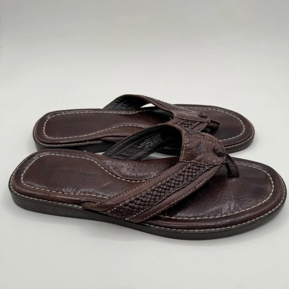 Tommy Bahama Anchors Away Mens Sz 11 D Brown Leather Woven Flip Flop Sandals